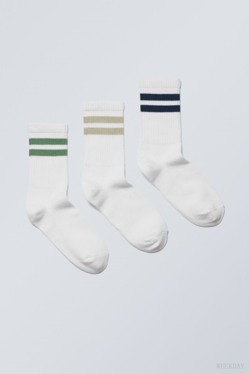 Weekday 3-pack Sport Striped Socks Green Khaki Black Stripes | VQAG0249