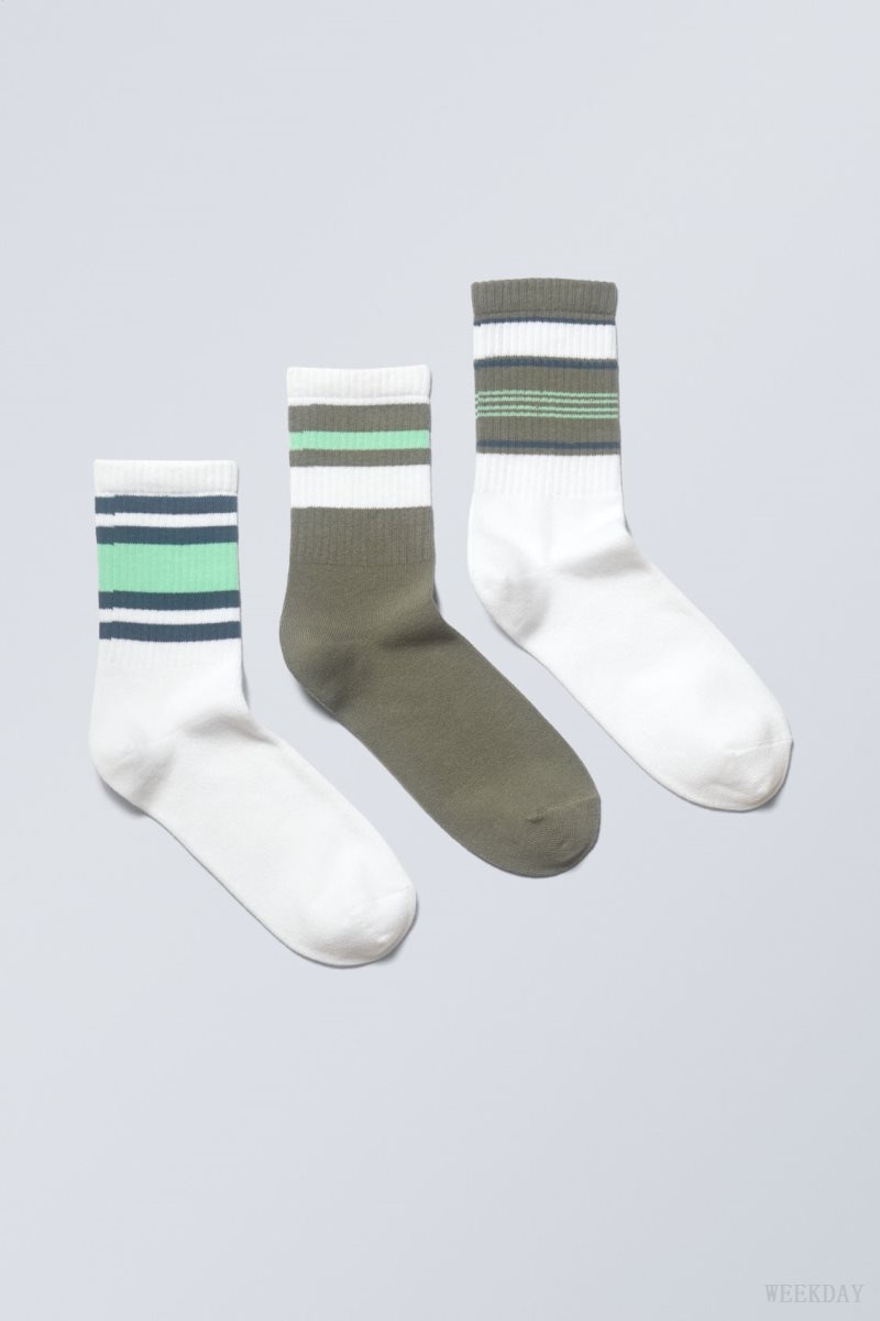 Weekday 3-pack Striped Sport Socks Green Stripes | DNXV1399