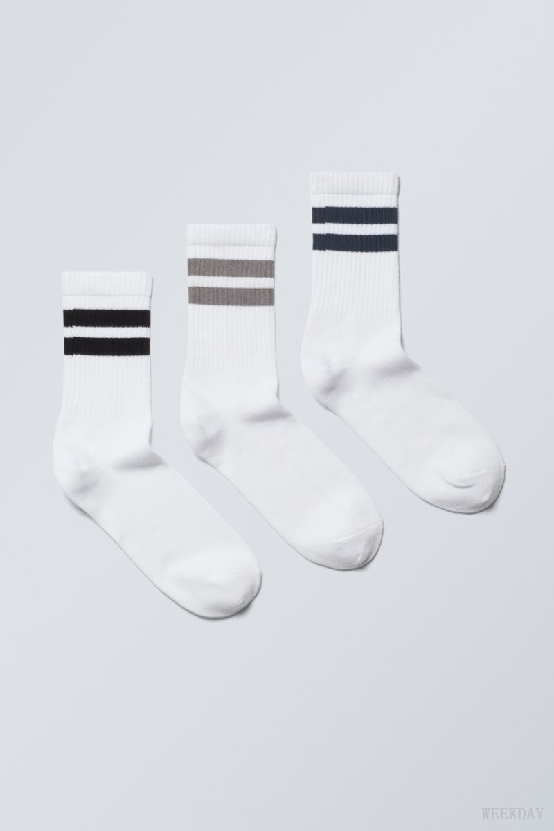 Weekday 3-pack Striped Sport Socks Grey Navy Black Stripes | TPZW2266