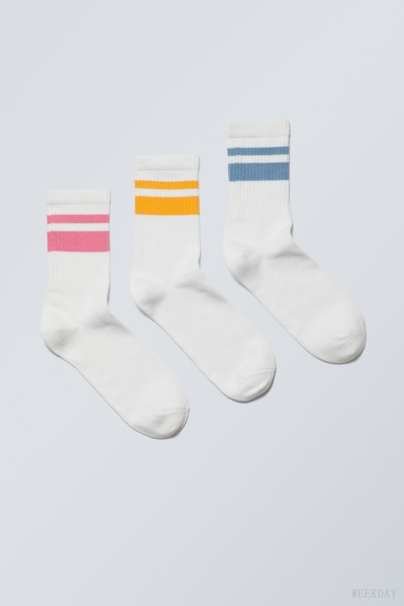 Weekday 3-pack Striped Sport Socks Pink Yellow Blue Stripes | WOGJ0515