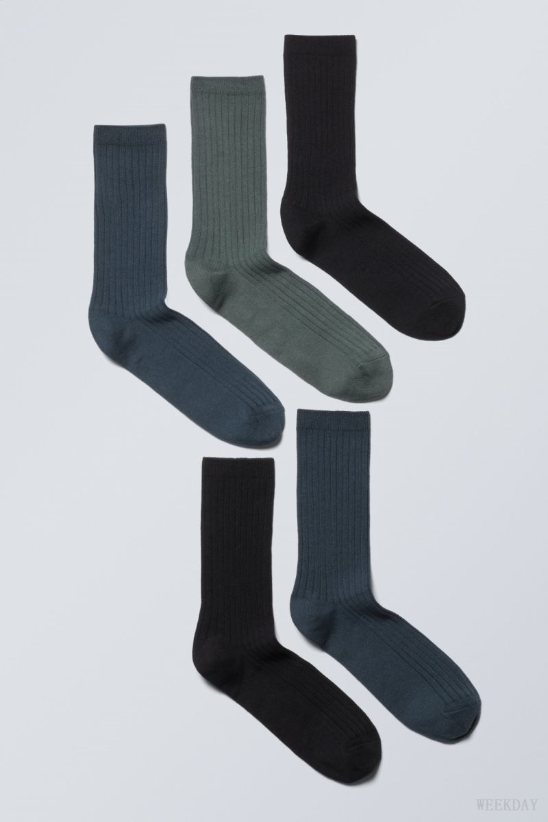 Weekday 5-pack Rib Socks Dark Grey Blue Green | ZTZI4537