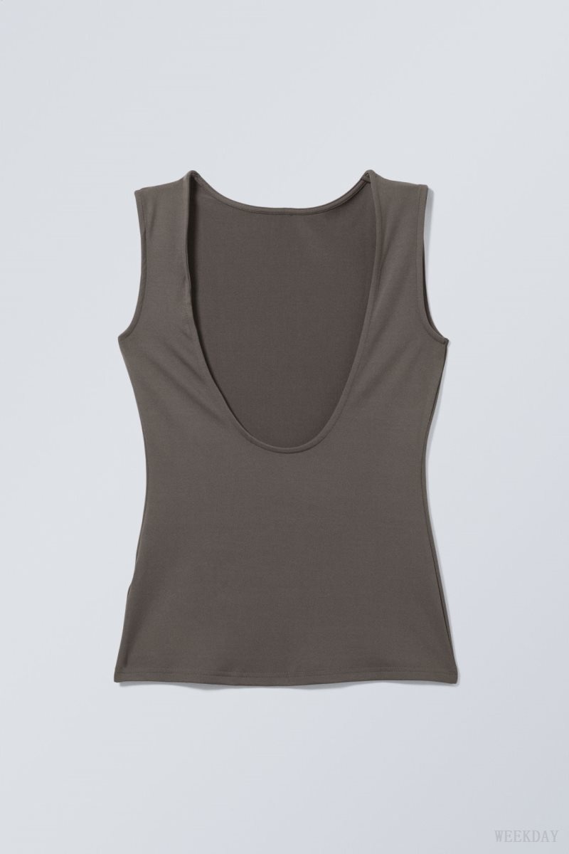 Weekday Alba Open Back Top Dark Khaki Green | PGQX2506