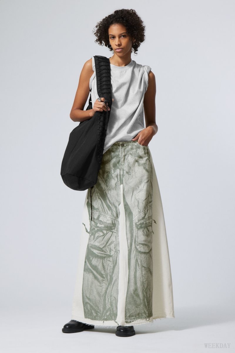 Weekday Anaheim Denim Long Print Skirt White | NNWL7469