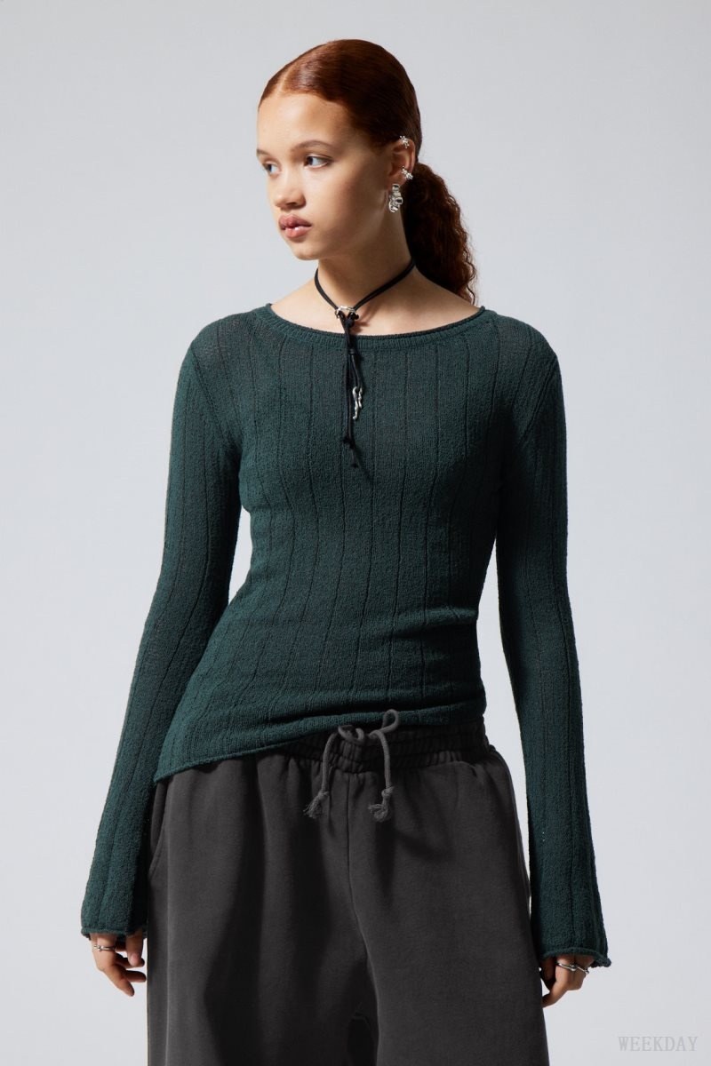 Weekday Anessa Sheer Knit Sweater Petrol | FQML9588