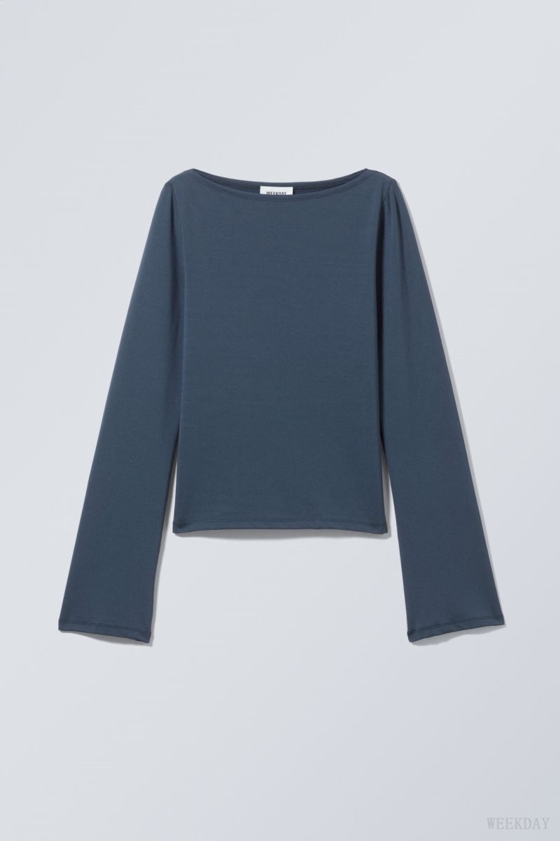 Weekday Annie Boatneck Long Sleeve Top Dark Blue | WVZQ9760