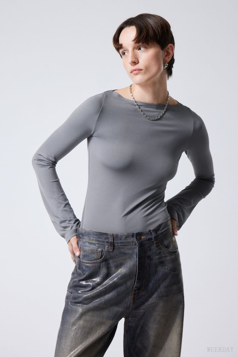 Weekday Annie Boatneck Long Sleeve Top Dark Grey | SIRS5154