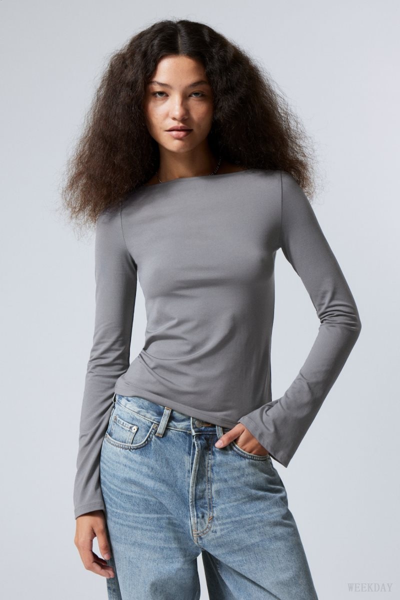 Weekday Annie Boatneck Long Sleeve Top Dark Grey | SIRS5154