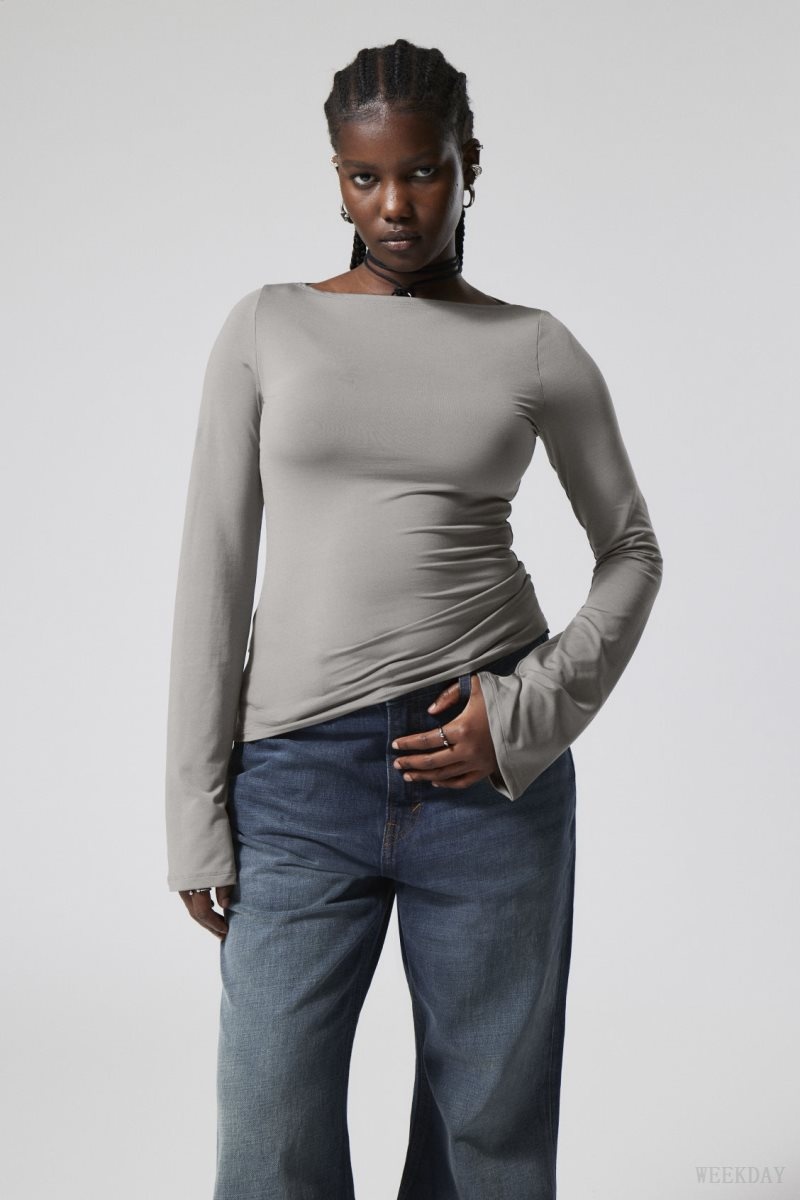 Weekday Annie Boatneck Long Sleeve Top Grey | GNMQ5154