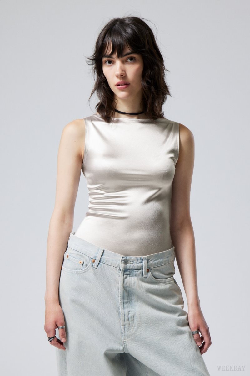 Weekday Annie Metallic Boatneck Top Light Grey | WEXV6347