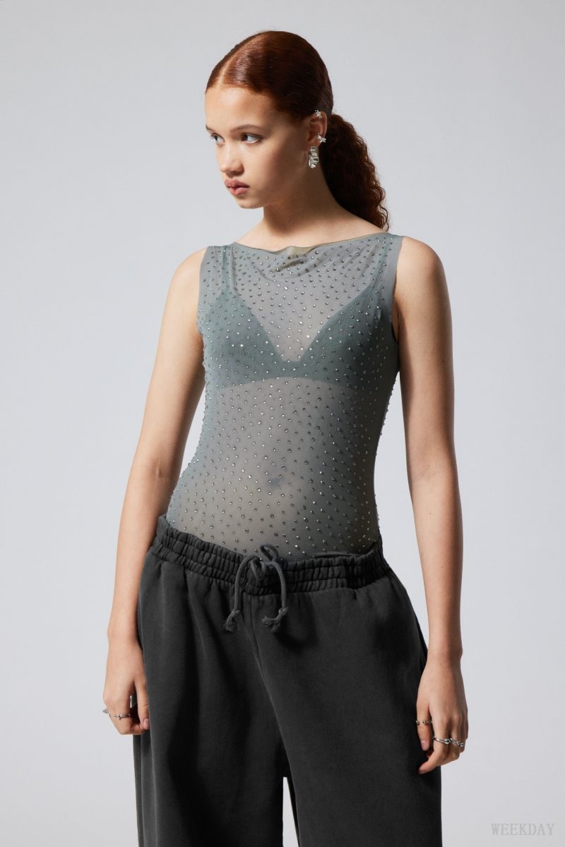 Weekday Annie Rhinestone Mesh Top Grey | JFXQ6449