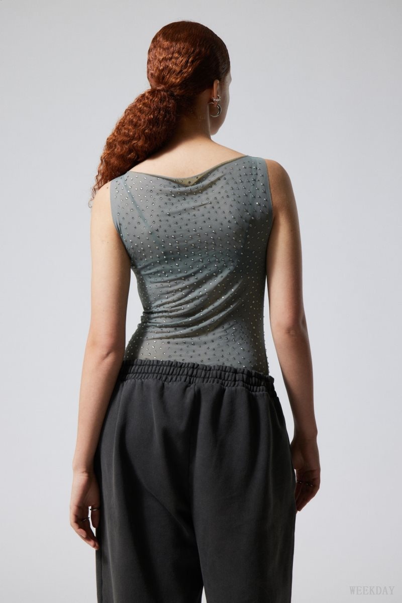 Weekday Annie Rhinestone Mesh Top Grey | JFXQ6449