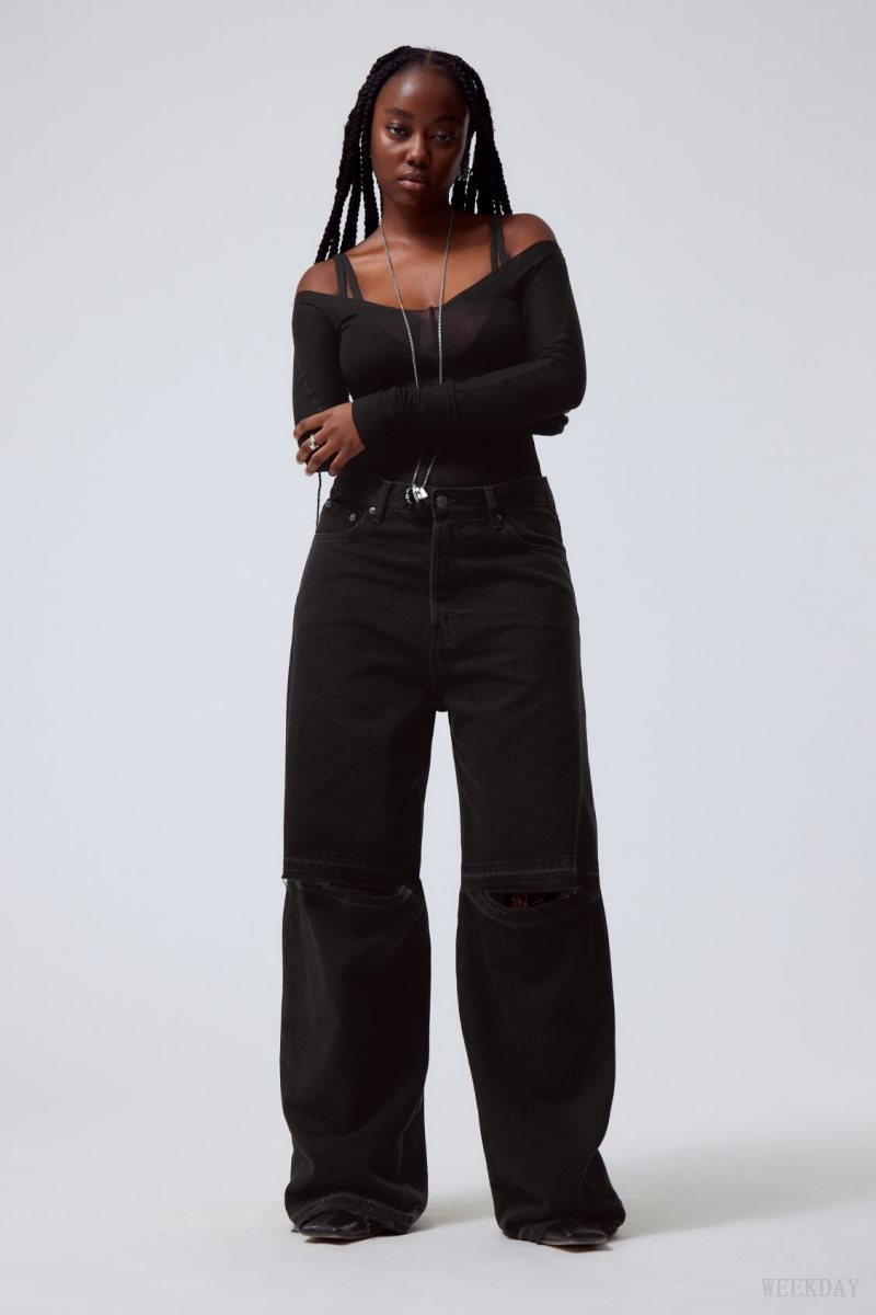 Weekday Astro Baggy Open Knee Jeans Black | SPTI9645