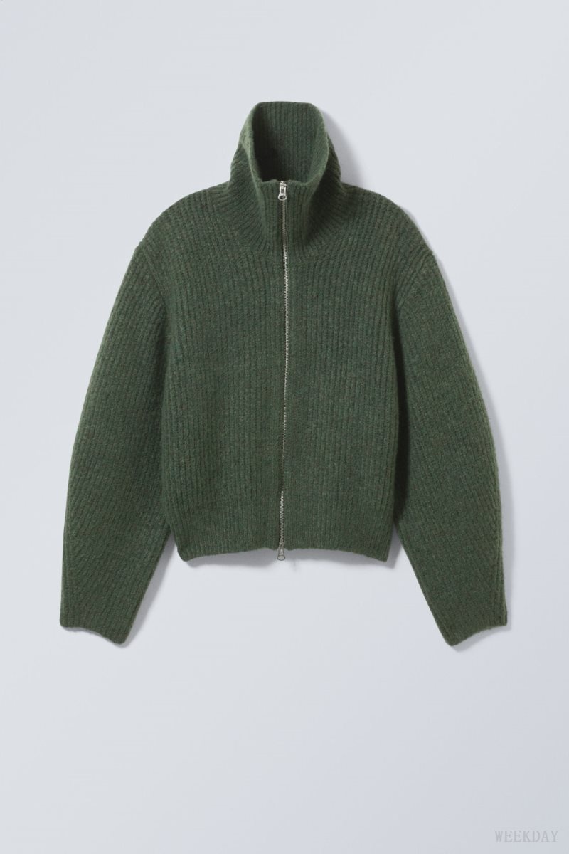 Weekday Bea Zip Cardigan Dark Green | HQNS6188