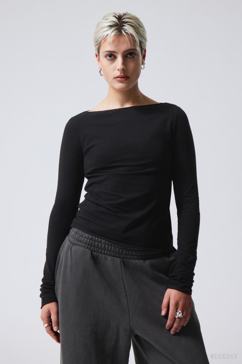 Weekday Boatneck Cotton Longsleeve Black | XHJF7681