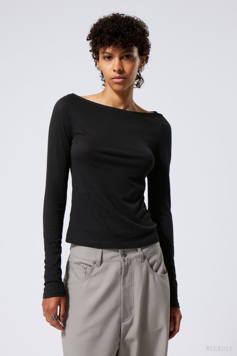 Weekday Boatneck Fitted Long Sleeve Top Black | YMFG1542