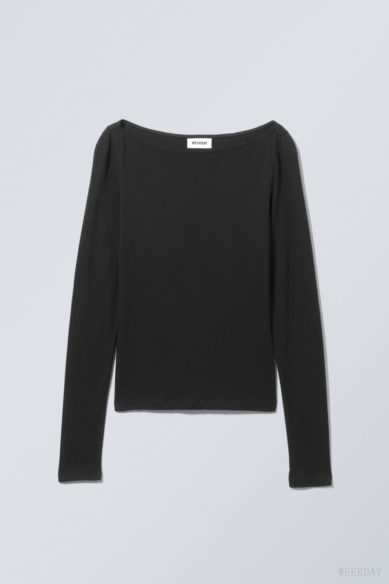 Weekday Boatneck Fitted Long Sleeve Top Black | YMFG1542