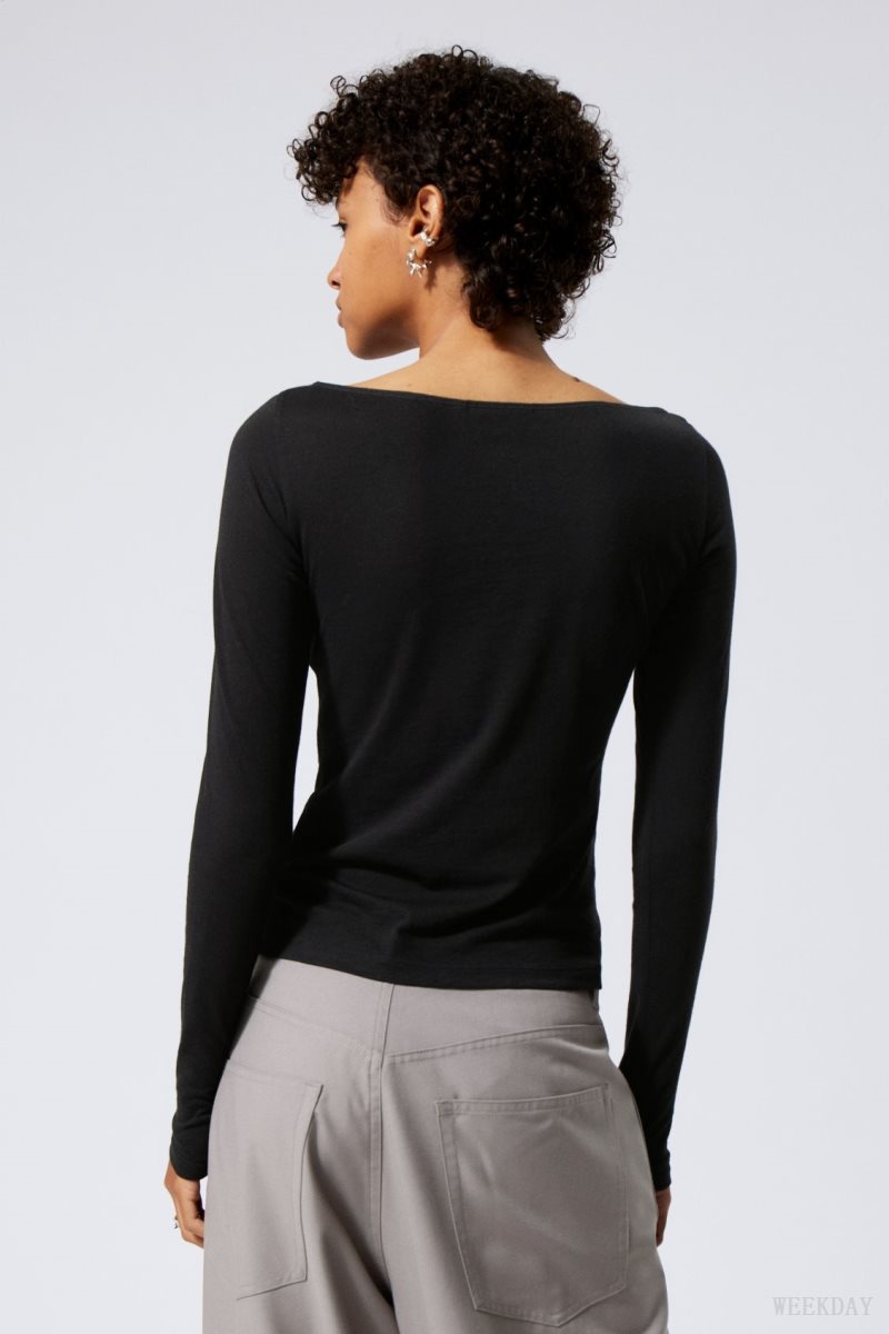 Weekday Boatneck Fitted Long Sleeve Top Black | YMFG1542