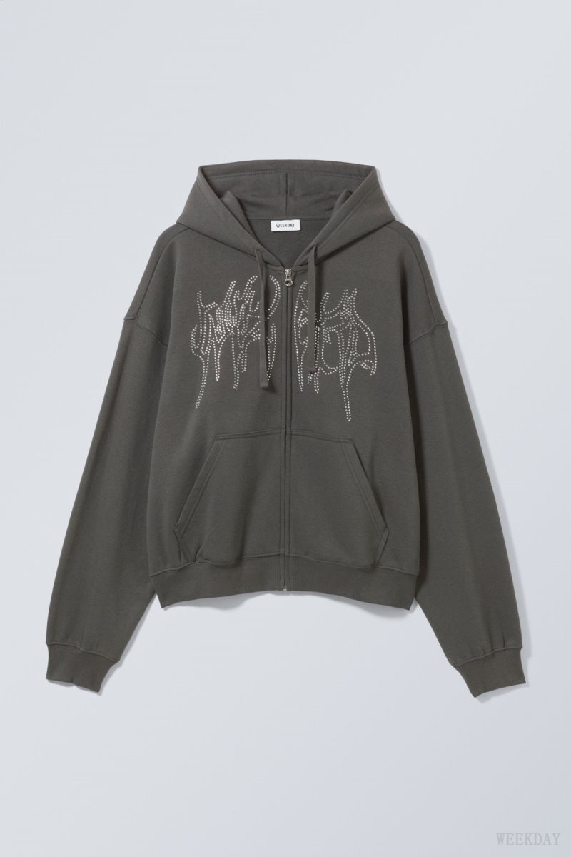 Weekday Boxy Graphic Zip Hoodie Wizard Rhinestones | FYVX1188