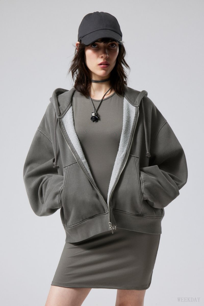 Weekday Boxy Heavyweight Zip Hoodie Dark Grey | RVQB7732