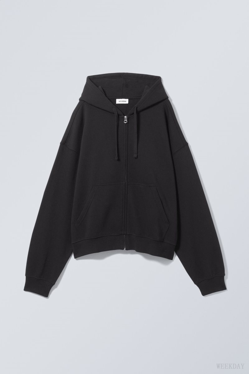 Weekday Boxy Midweight Zip Hoodie Black | KBFV7988