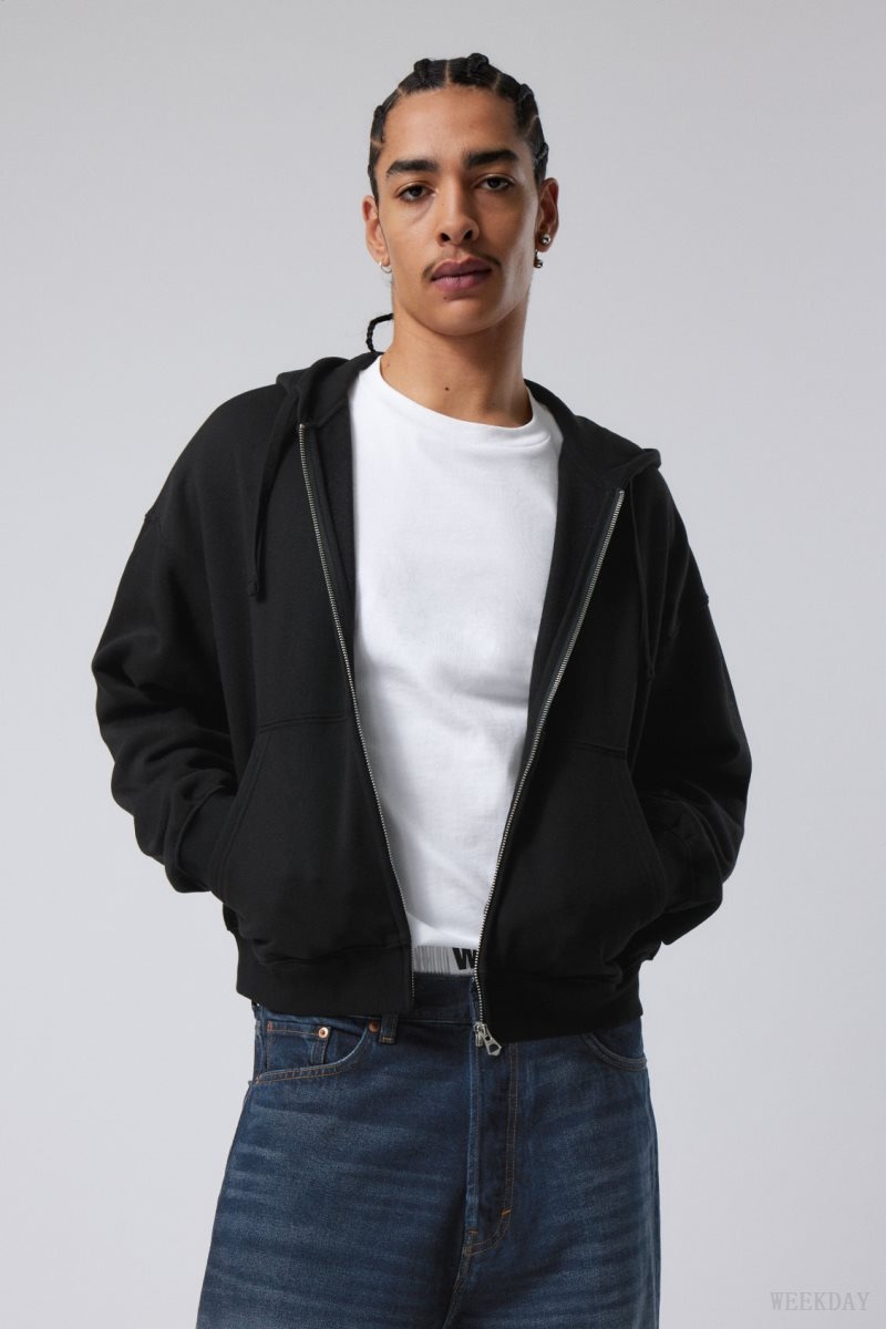 Weekday Boxy Midweight Zip Hoodie Black | KBFV7988