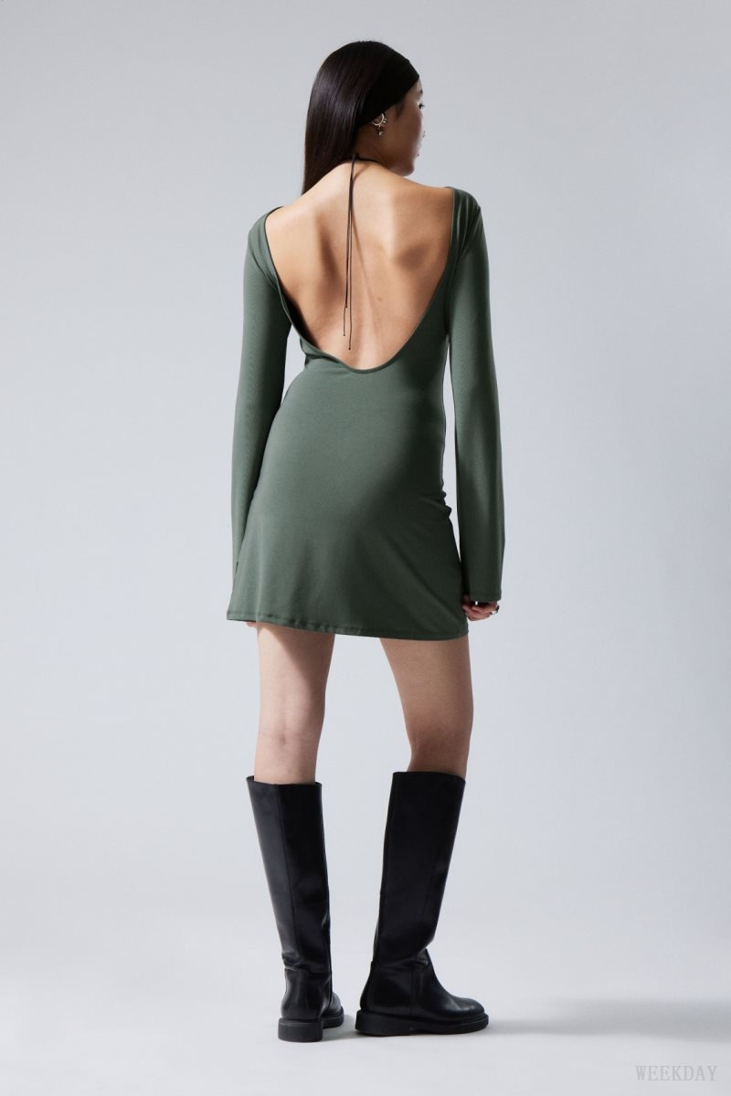 Weekday Clair Open Back Mini Dress Green | KDZP6406