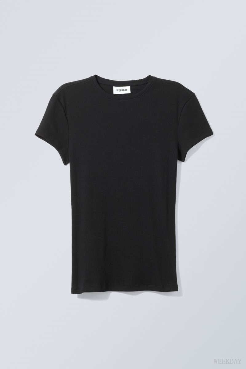 Weekday Close Fitted Rib T-Shirt Black | SMVG7140