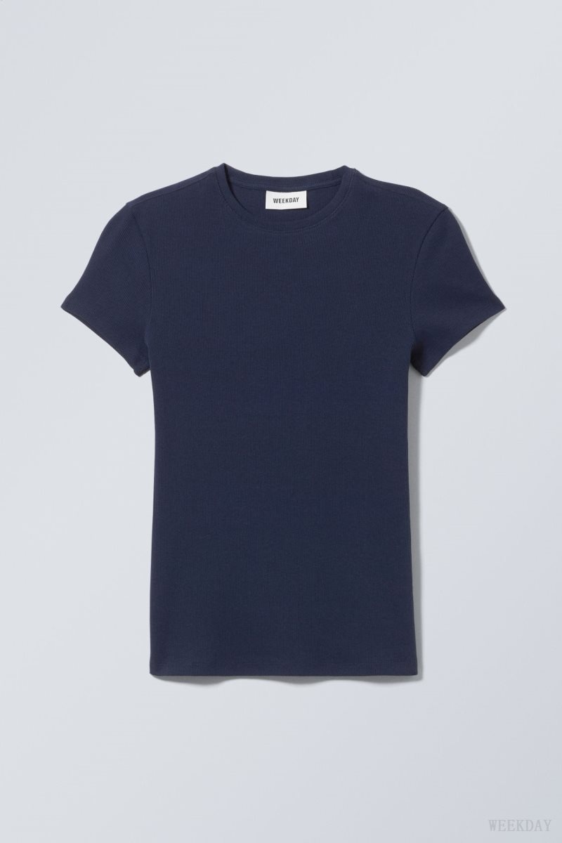 Weekday Close Fitted Rib T-Shirt Dark Blue | WPRN4514