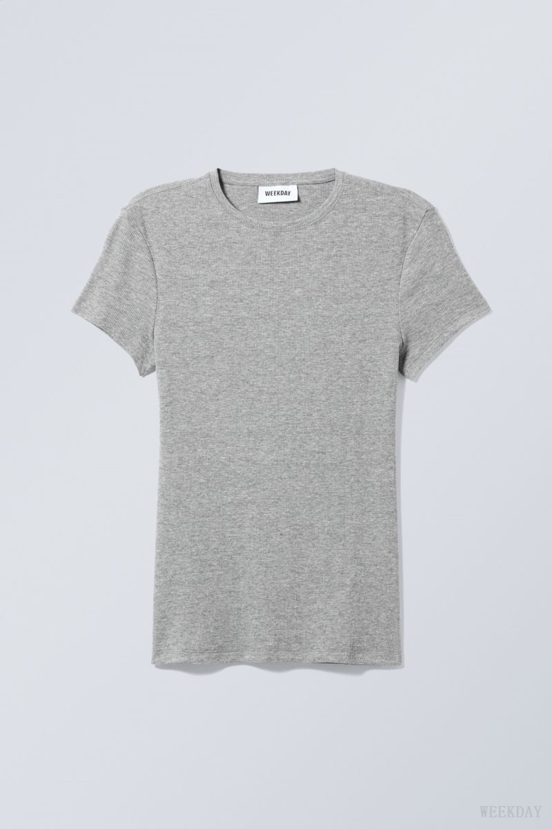 Weekday Close Fitted Rib T-Shirt Grey | MGJY5057