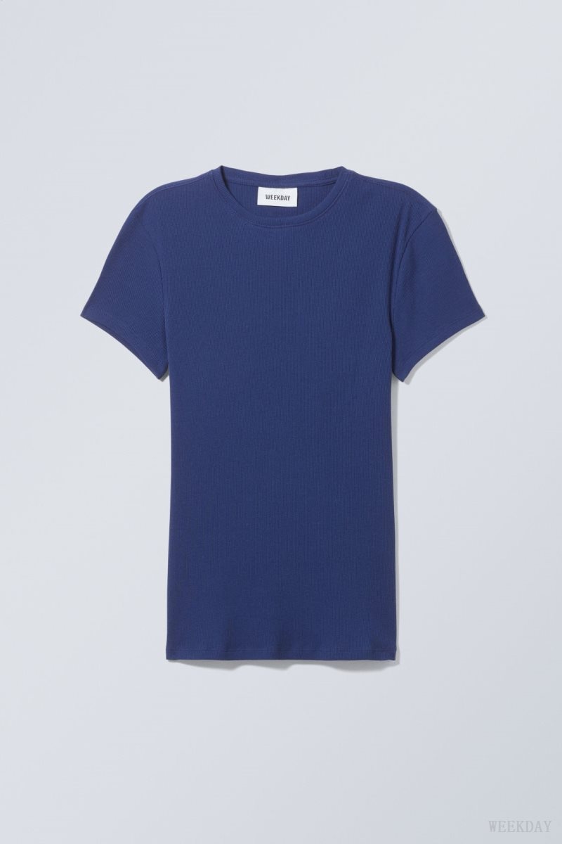 Weekday Close Fitted Rib T-Shirt Navy Blue | WRXC0247