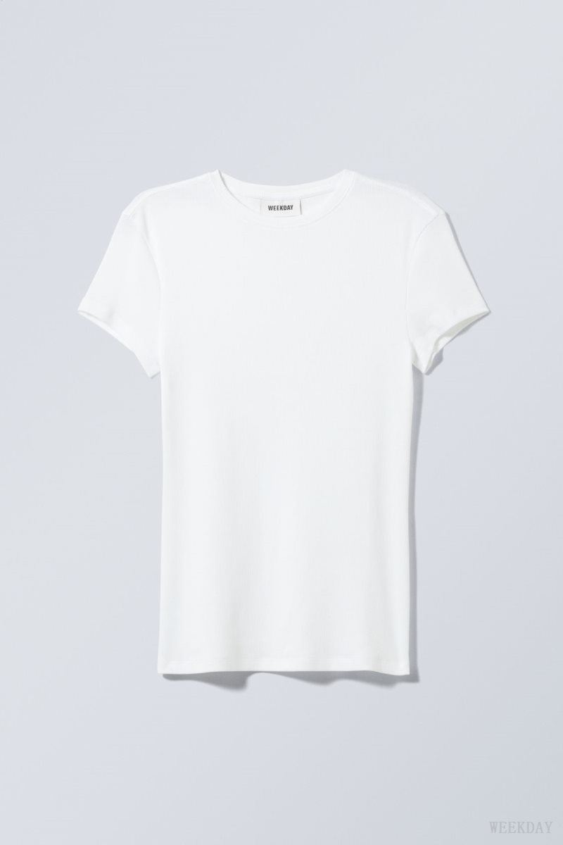 Weekday Close Fitted Rib T-Shirt White | FEYR8943