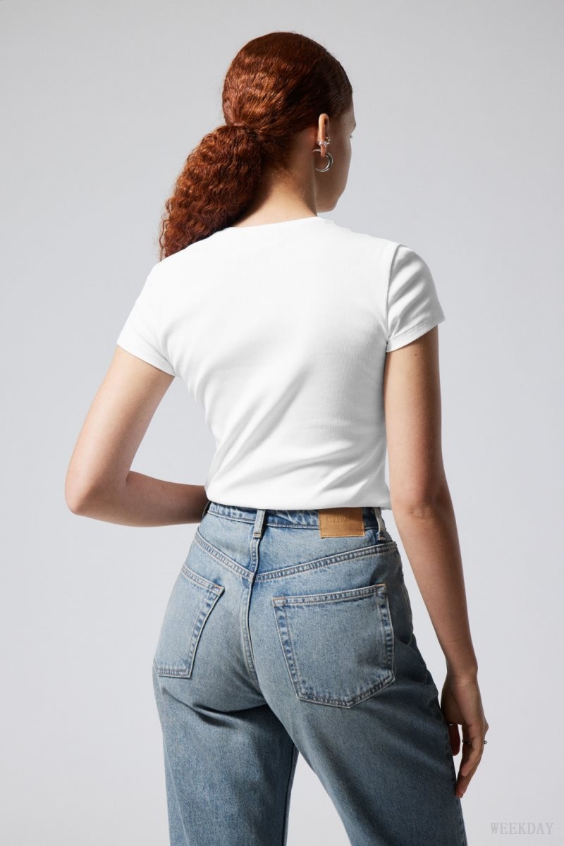 Weekday Close Fitted Rib T-Shirt White | FEYR8943