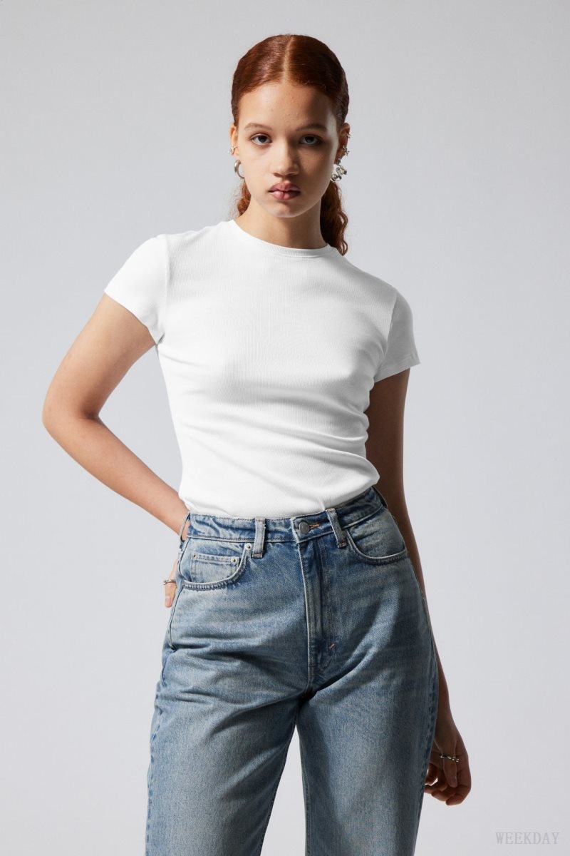 Weekday Close Fitted Rib T-Shirt White | FEYR8943