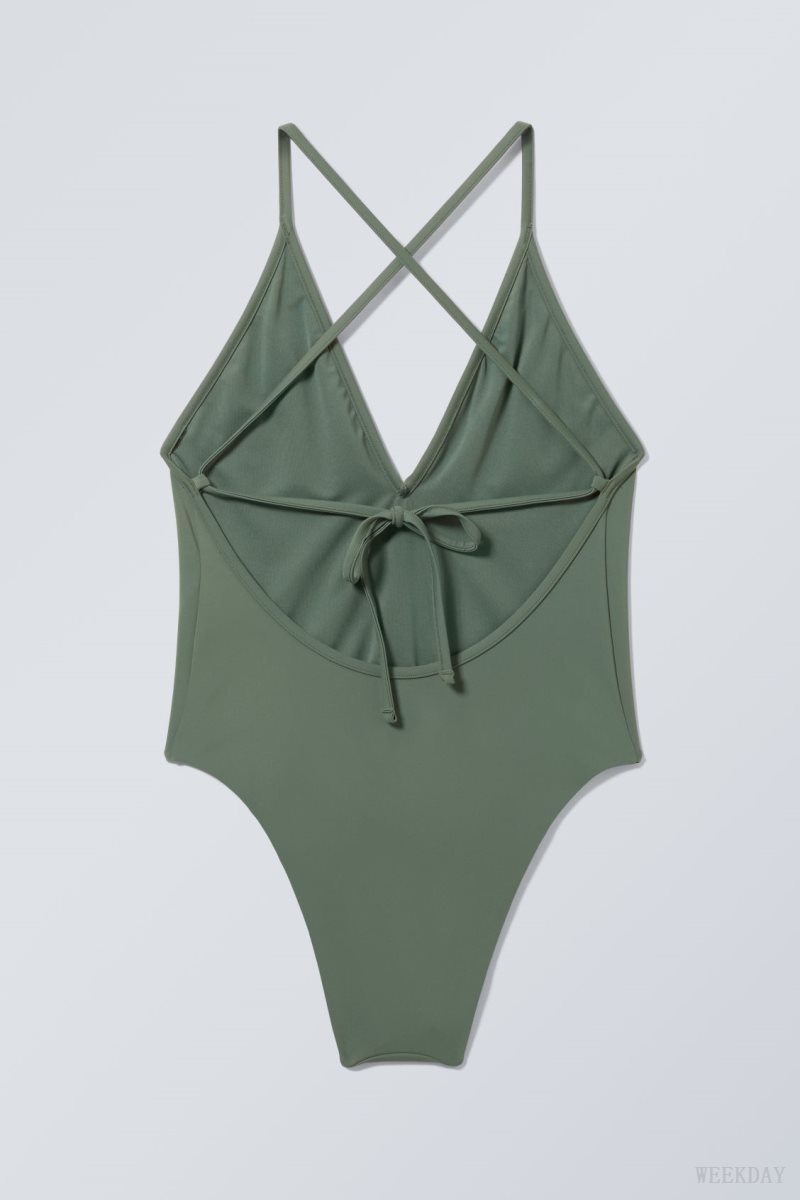 Weekday Deep V-neck Swimsuit Green | ZVET8883