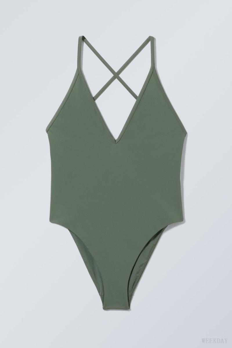 Weekday Deep V-neck Swimsuit Green | ZVET8883