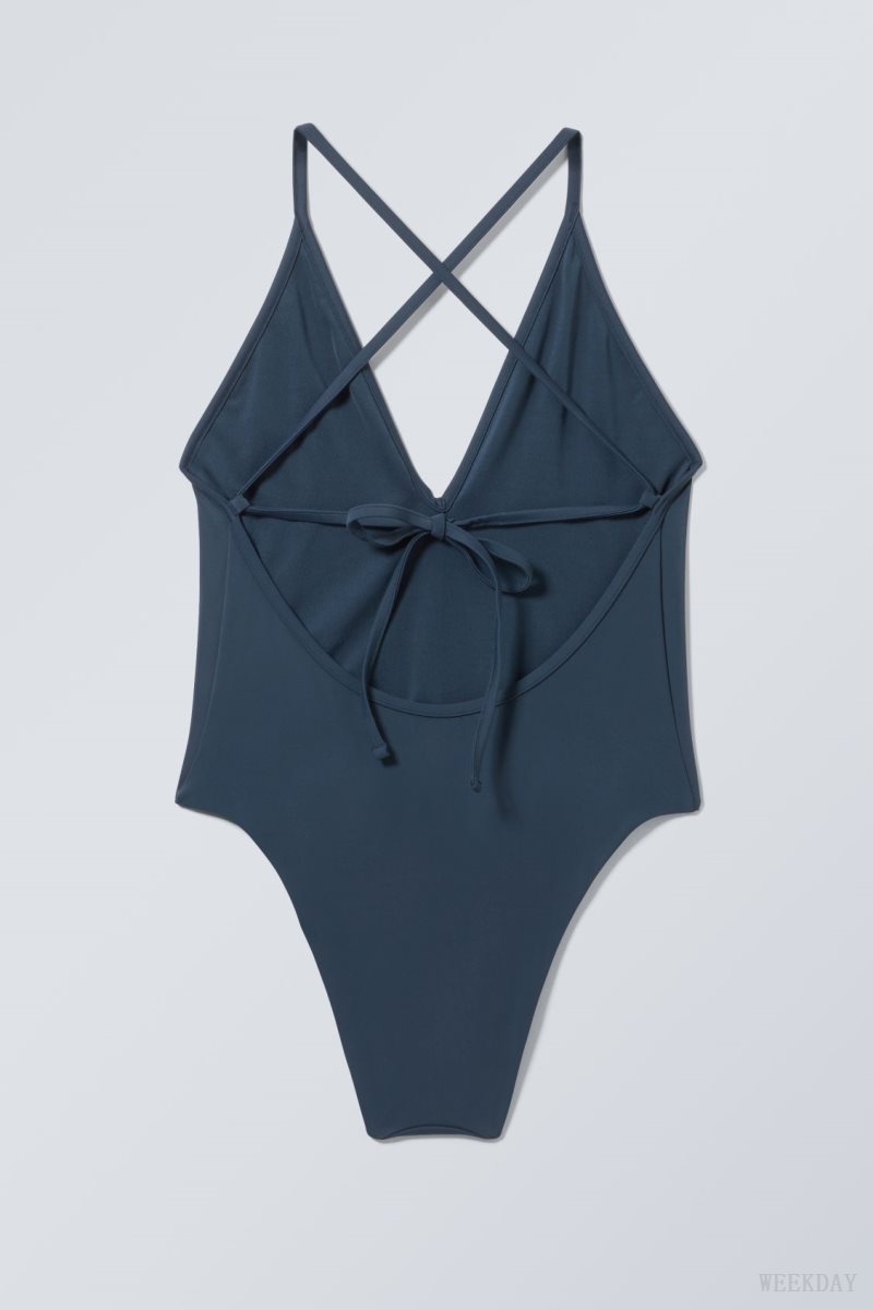 Weekday Deep V-neck Swimsuit Navy | CSNF6009