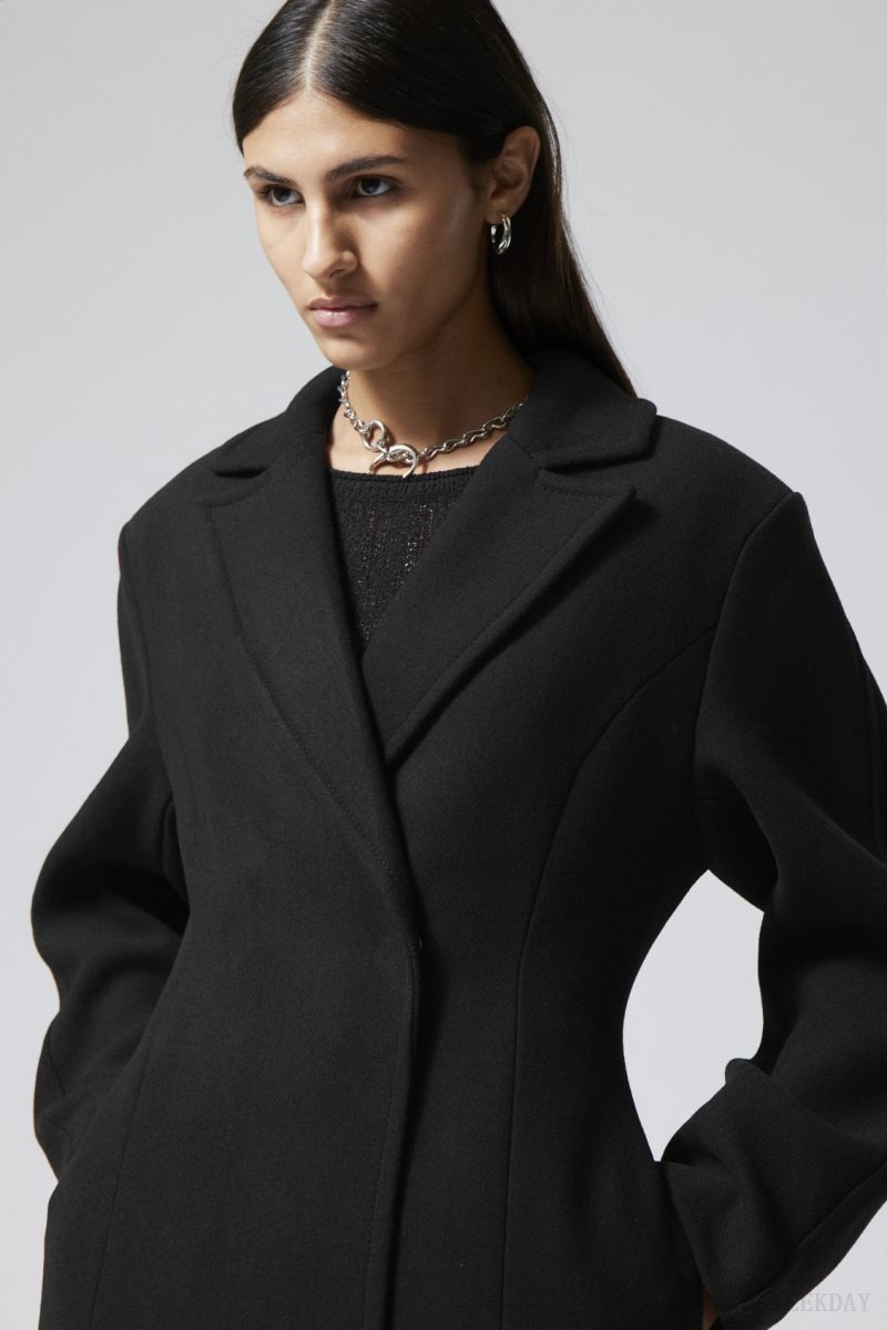 Weekday Delia Waisted Wool Blend Coat Black | FELX7680