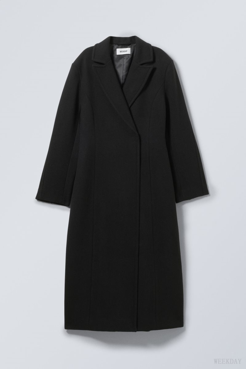 Weekday Delia Waisted Wool Blend Coat Black | FELX7680