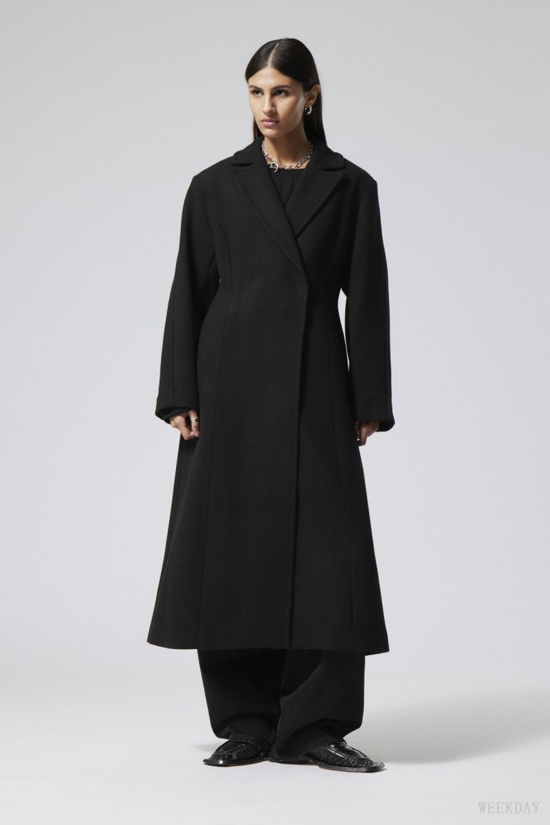 Weekday Delia Waisted Wool Blend Coat Black | FELX7680