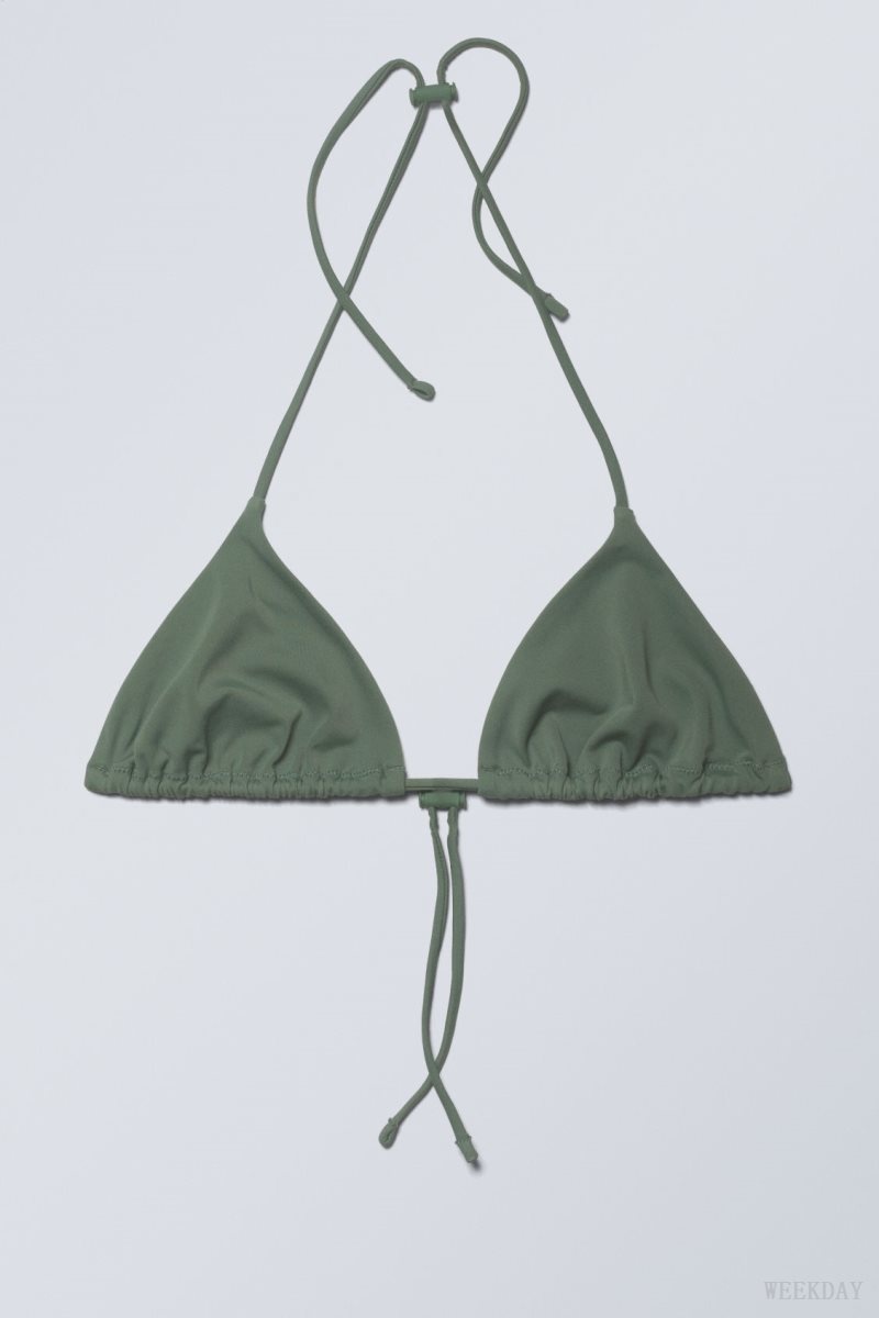 Weekday Drawstring Halter Bikini Top Olive Green | AGPX2179