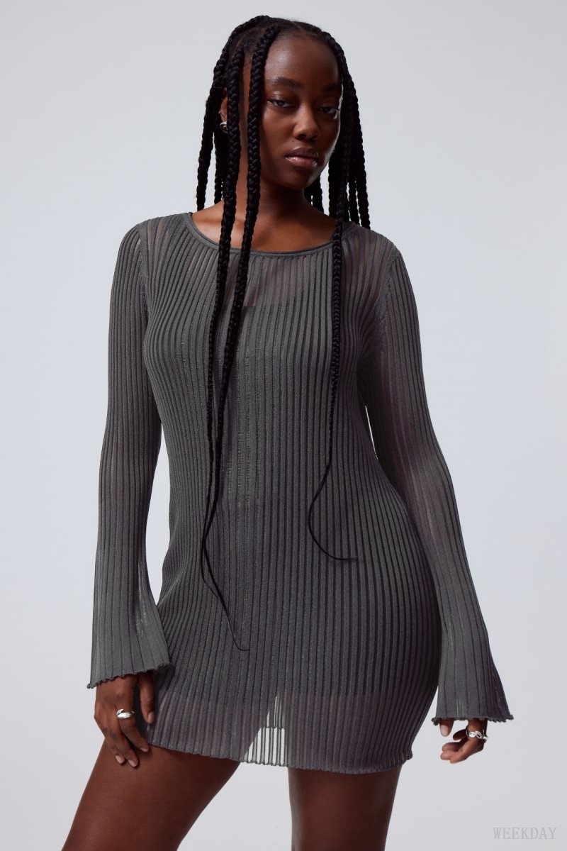 Weekday Eleana Sheer Rib Knit Mini Dress Dark Grey | WNAO6188