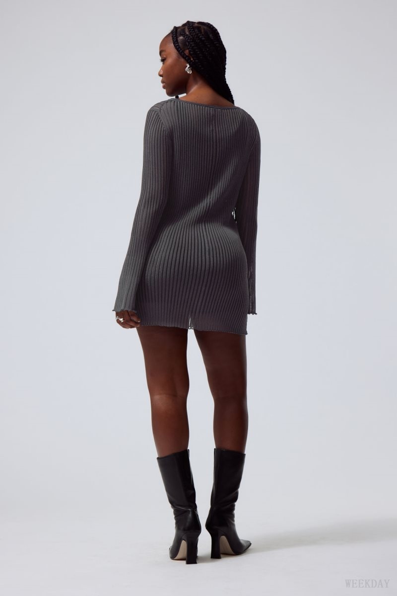 Weekday Eleana Sheer Rib Knit Mini Dress Dark Grey | WNAO6188