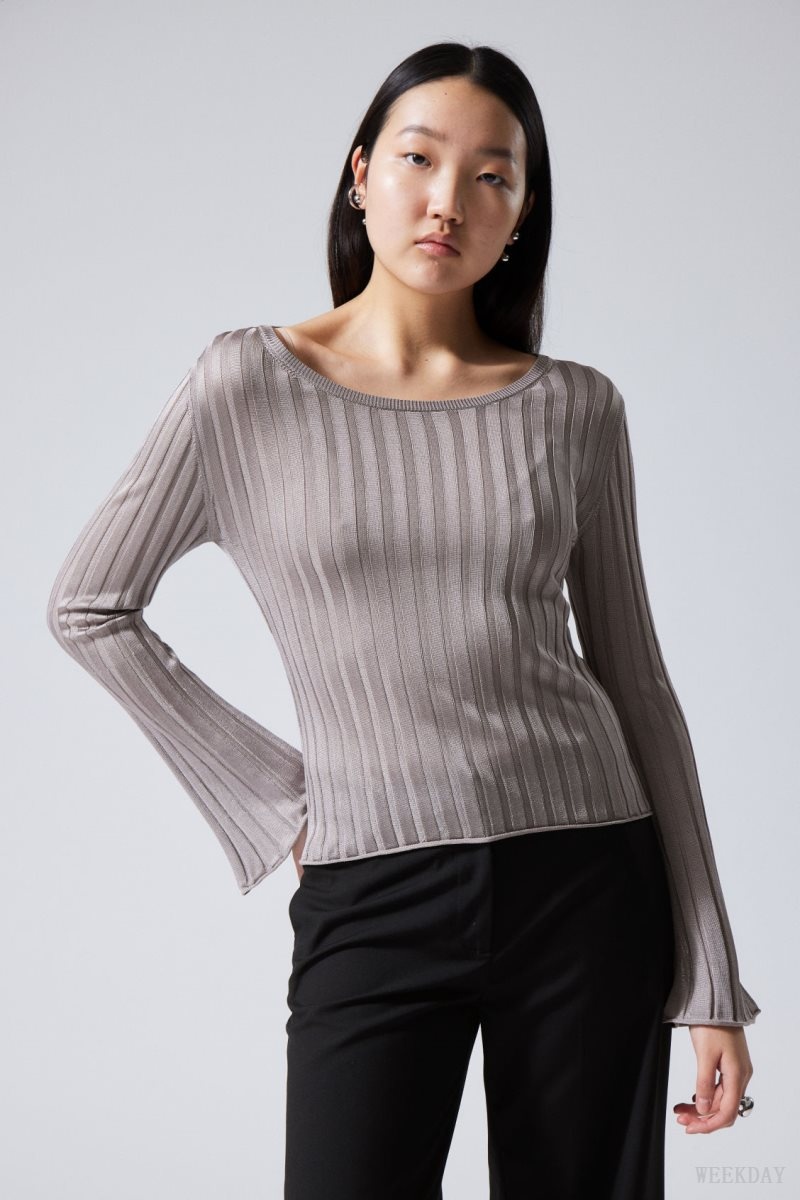 Weekday Enora Sheer Knit Long Sleeve Top Light Grey | REOX1766