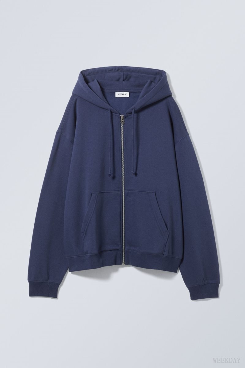 Weekday Essence Standard Zip Hoodie Dark Blue | FBPS2845