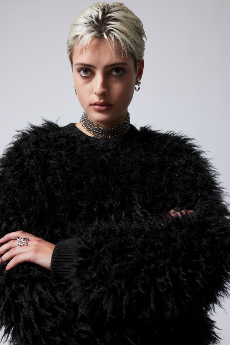 Weekday Fluffy Faux Fur Sweatshirt Black | XBUU6738