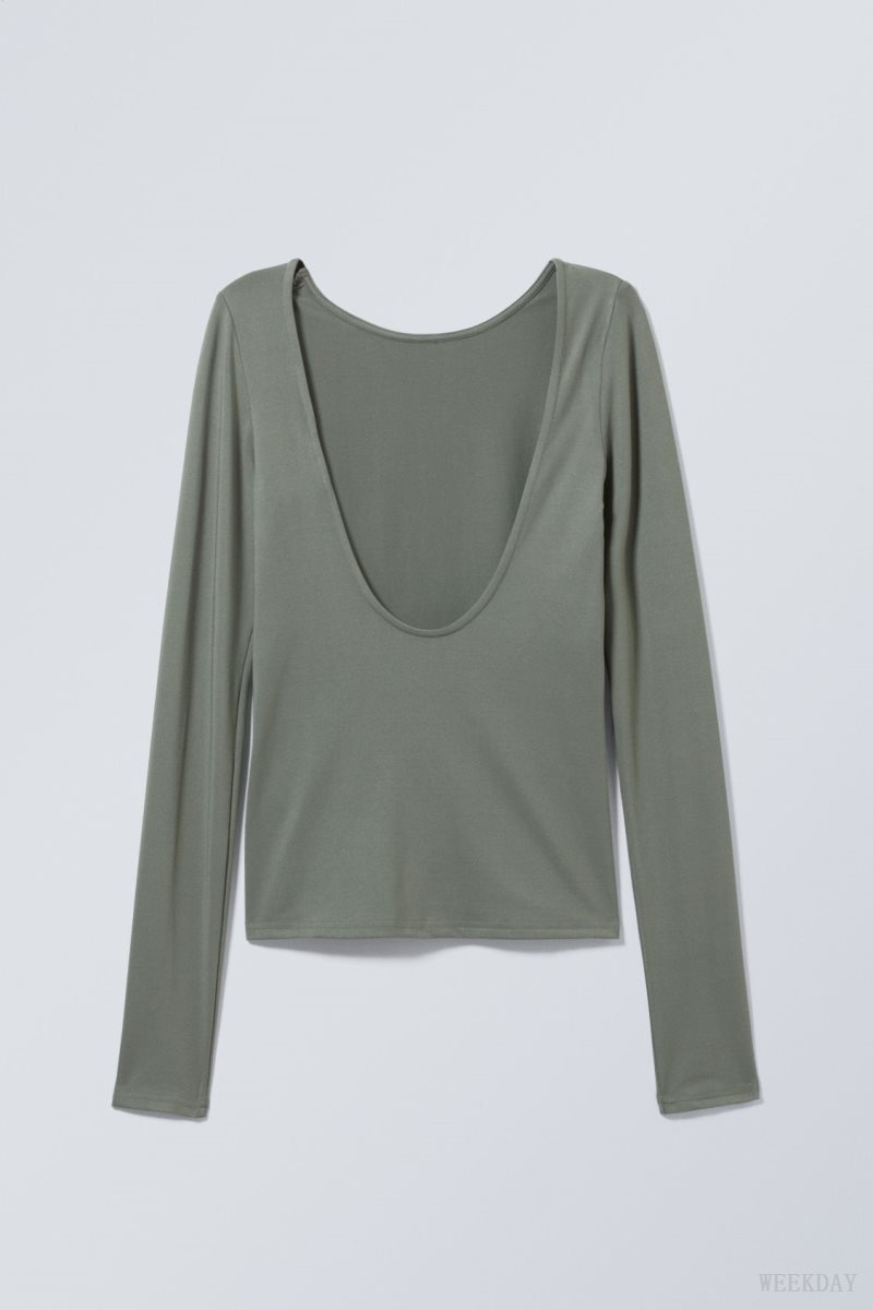 Weekday Gizem Open Back Long Sleeve Top Khaki Green | JBSE4093