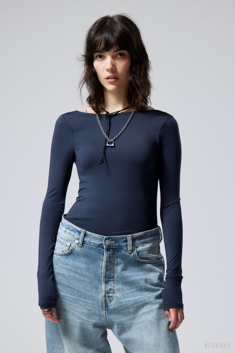 Weekday Gizem Open Back Long Sleeve Top Dark Blue | QFGW5219