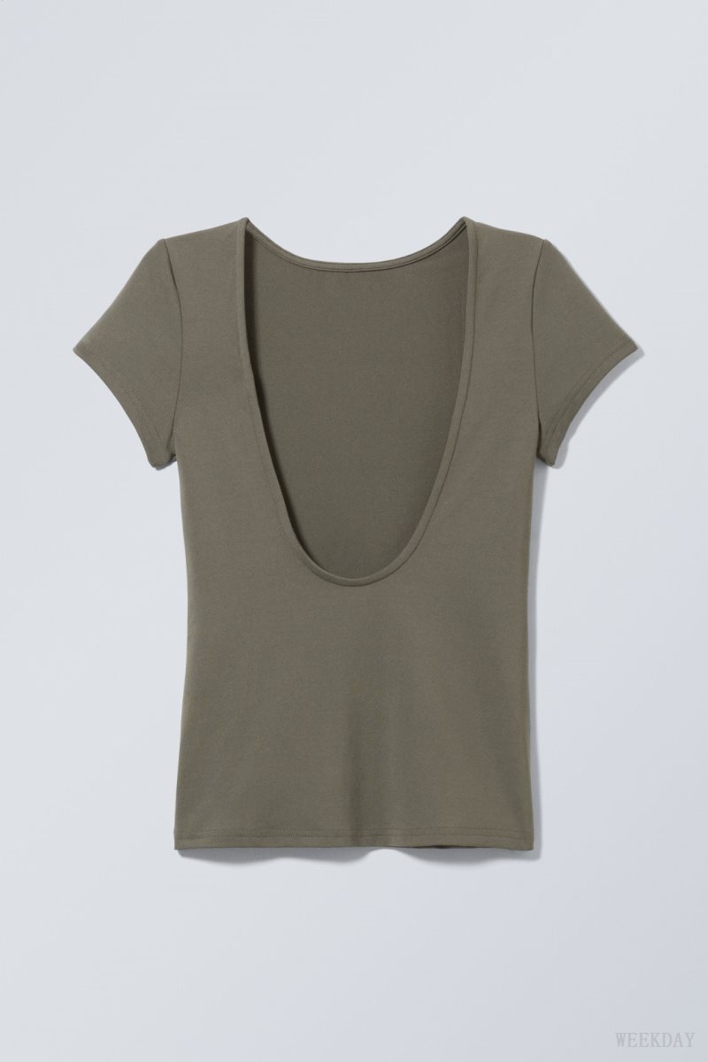 Weekday Gizem Open Back T-shirt Dark Khaki Green | QKCL8968