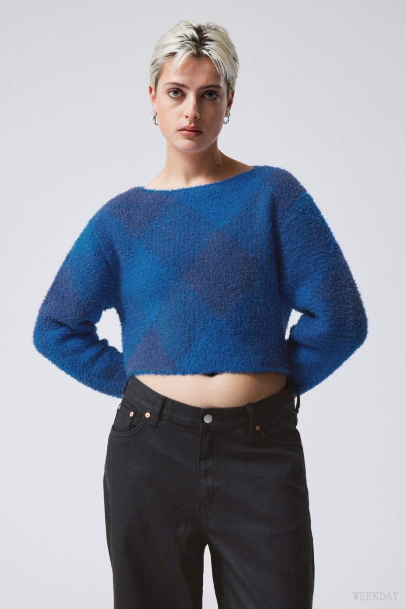 Weekday Hera Check Hairy Sweater Blue | NTOW1739