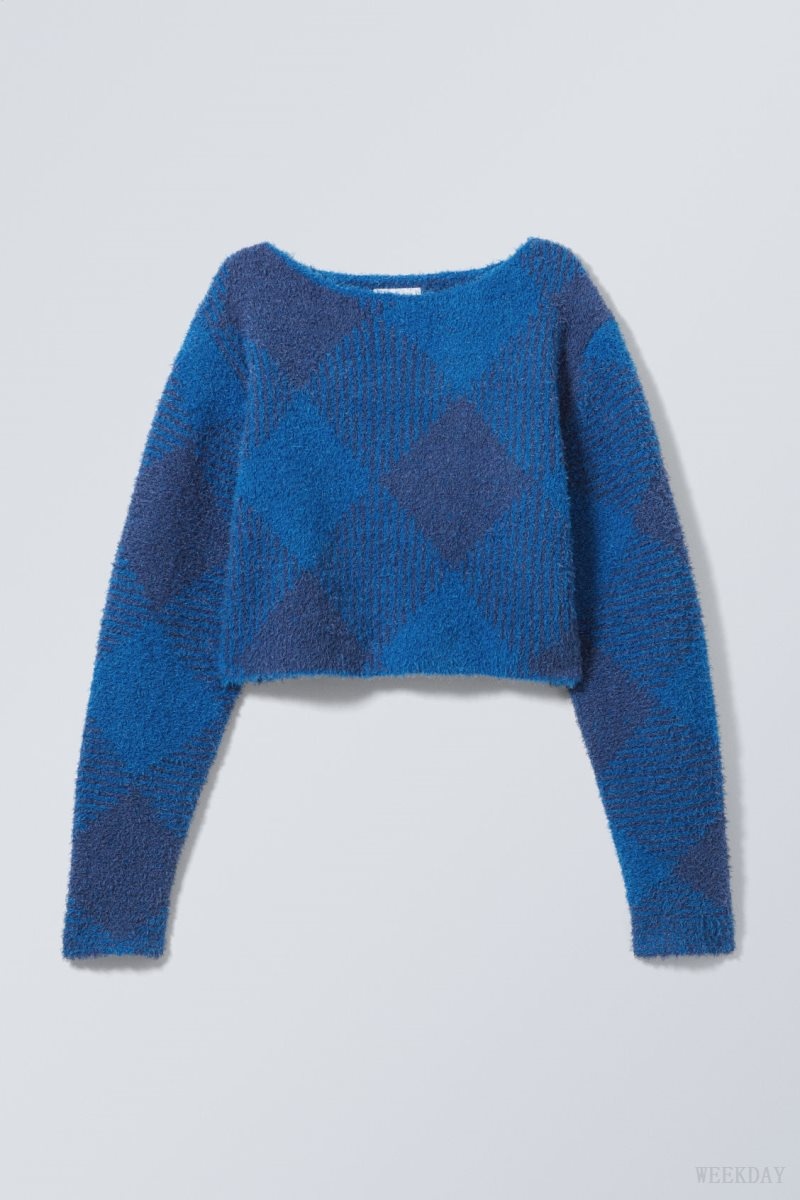 Weekday Hera Check Hairy Sweater Blue | NTOW1739